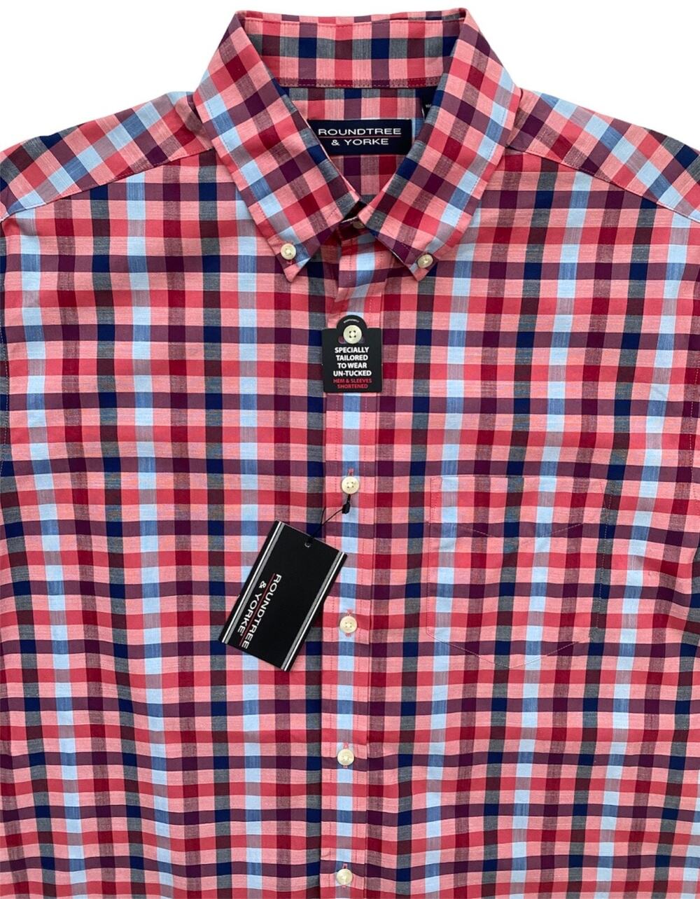 Roundtree & Yorke Cherry Pink Blue Check Cotton Button Short Sleeve Shirt XL